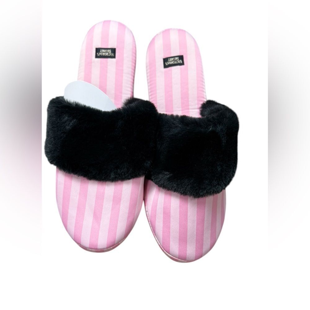 Victoria’s Secret Pink Striped Slippers With Black Faux Fur Trim